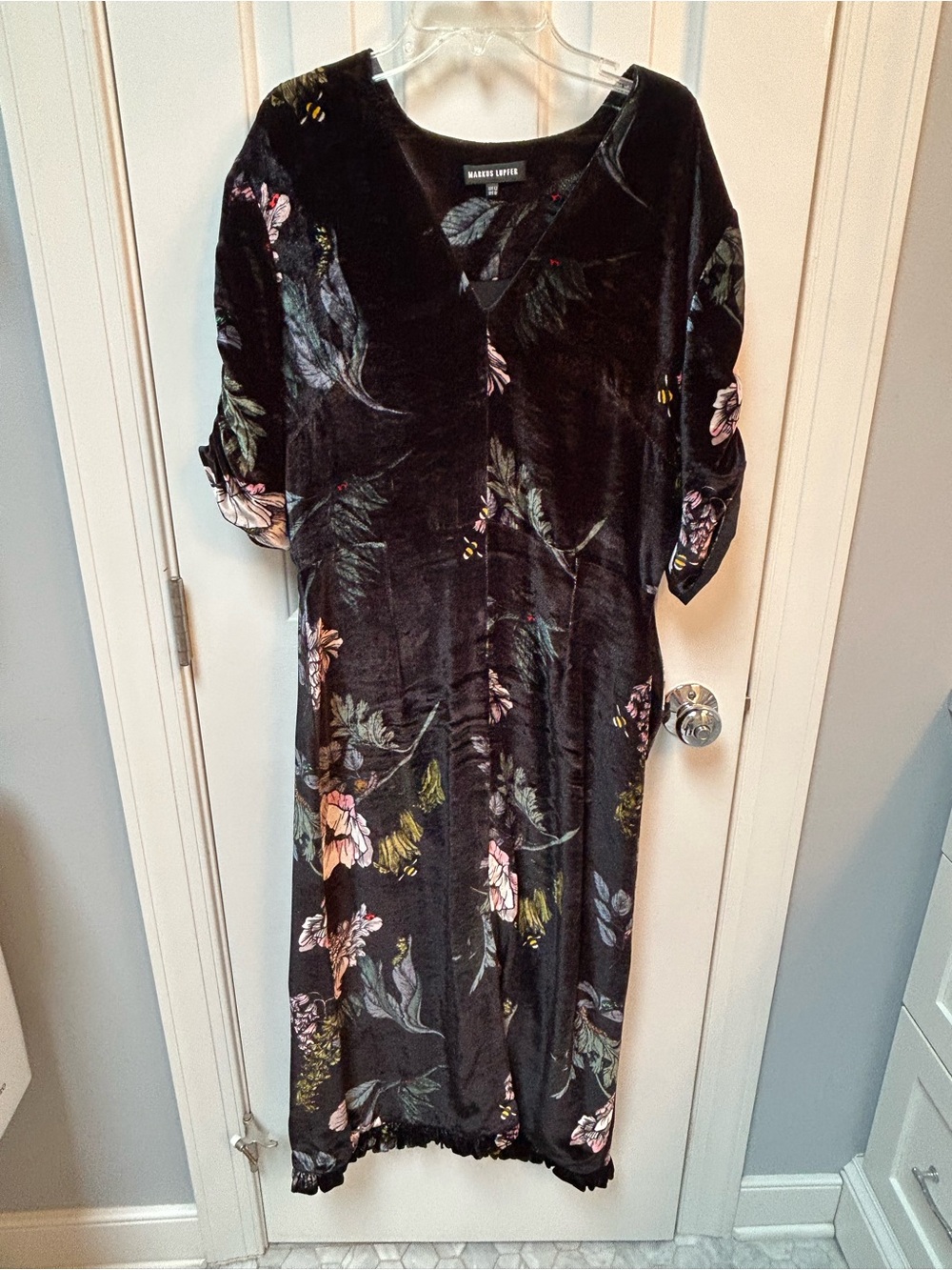 Markus Lupfer Black Floral Velvet Midi Dress